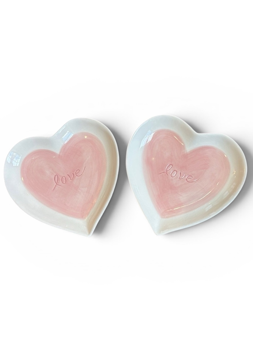 Pottery Barn Heart 'Love' Ceramic Plates Pink & White Set of 2 Dessert Appetizer
